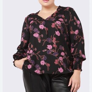 DEX Black Blouse Pink and Purple Floral Design smocked cuffs flowy size 1X
